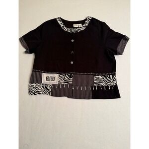 Koret Womens Large Black White Mixed Media Zebra Print Beaded Button Up Top